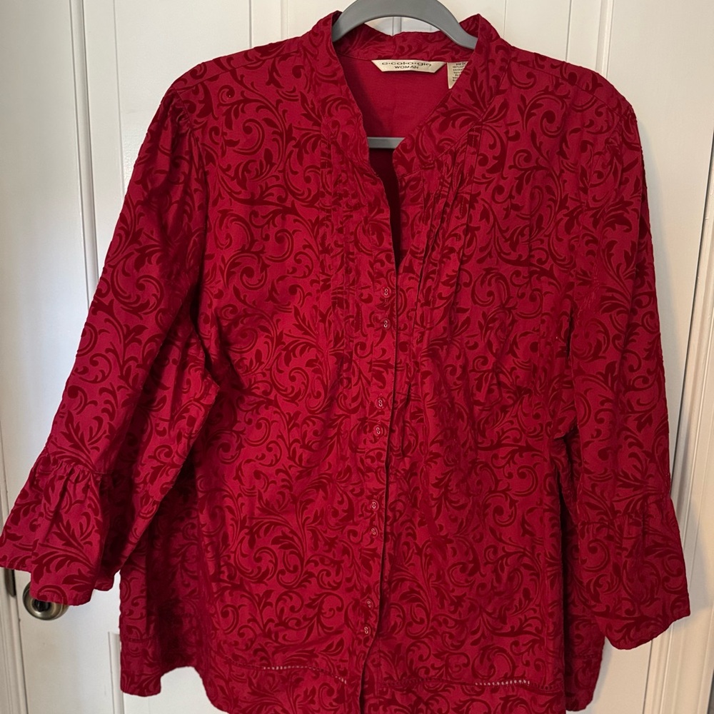 Ecologie Red Velvet Scroll Print Button Down Tunic Sz 3X Boho Holiday Dressy